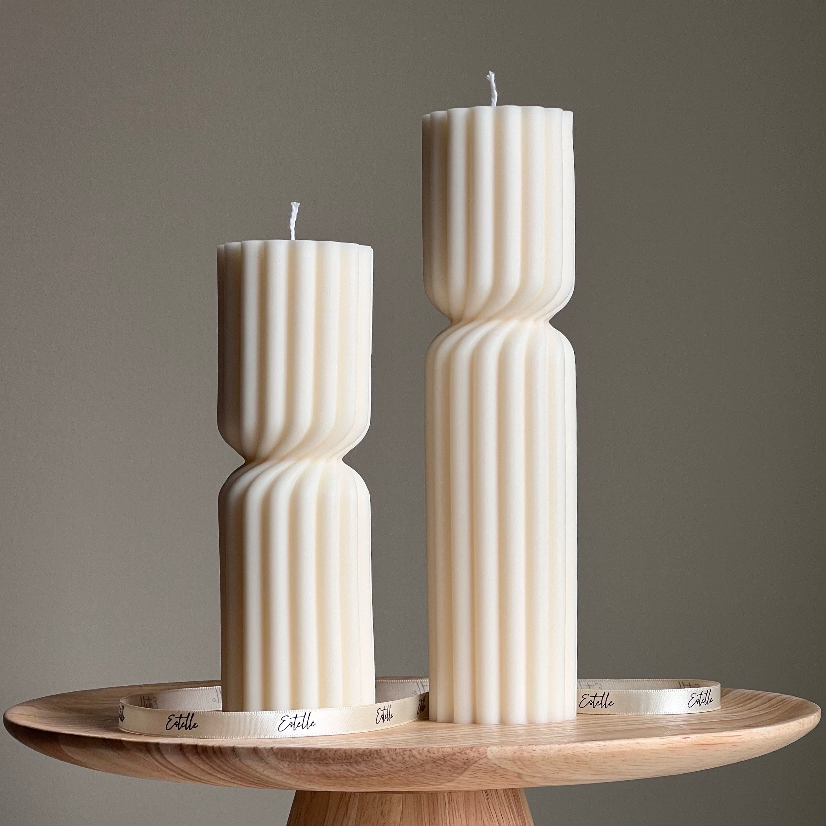 Small Ribbed Hourglass Pillar Candle: Sculptural Soy Wax Candle
